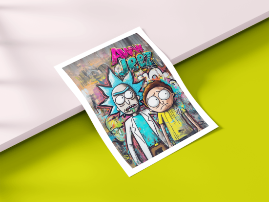 Rick and Morty graffiti-style poster with white borders on a white and yellow table.