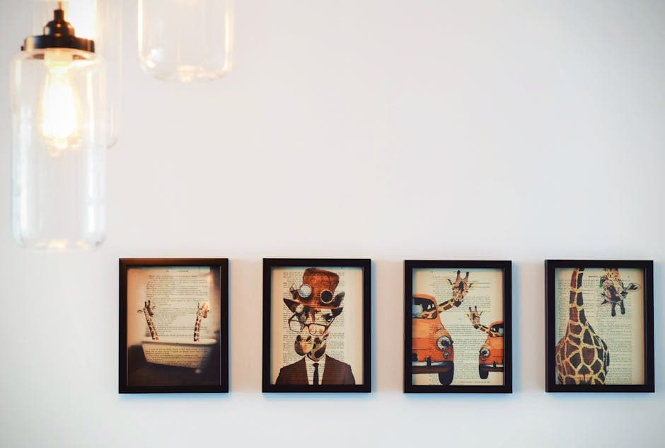  Eclectic collection of art pieces arranged on a wall
