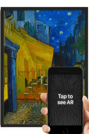 A vibrant painting of a street scene at night with outdoor seating, colorful buildings, and a starry sky, demonstrating augmented reality interaction with a smartphone.
