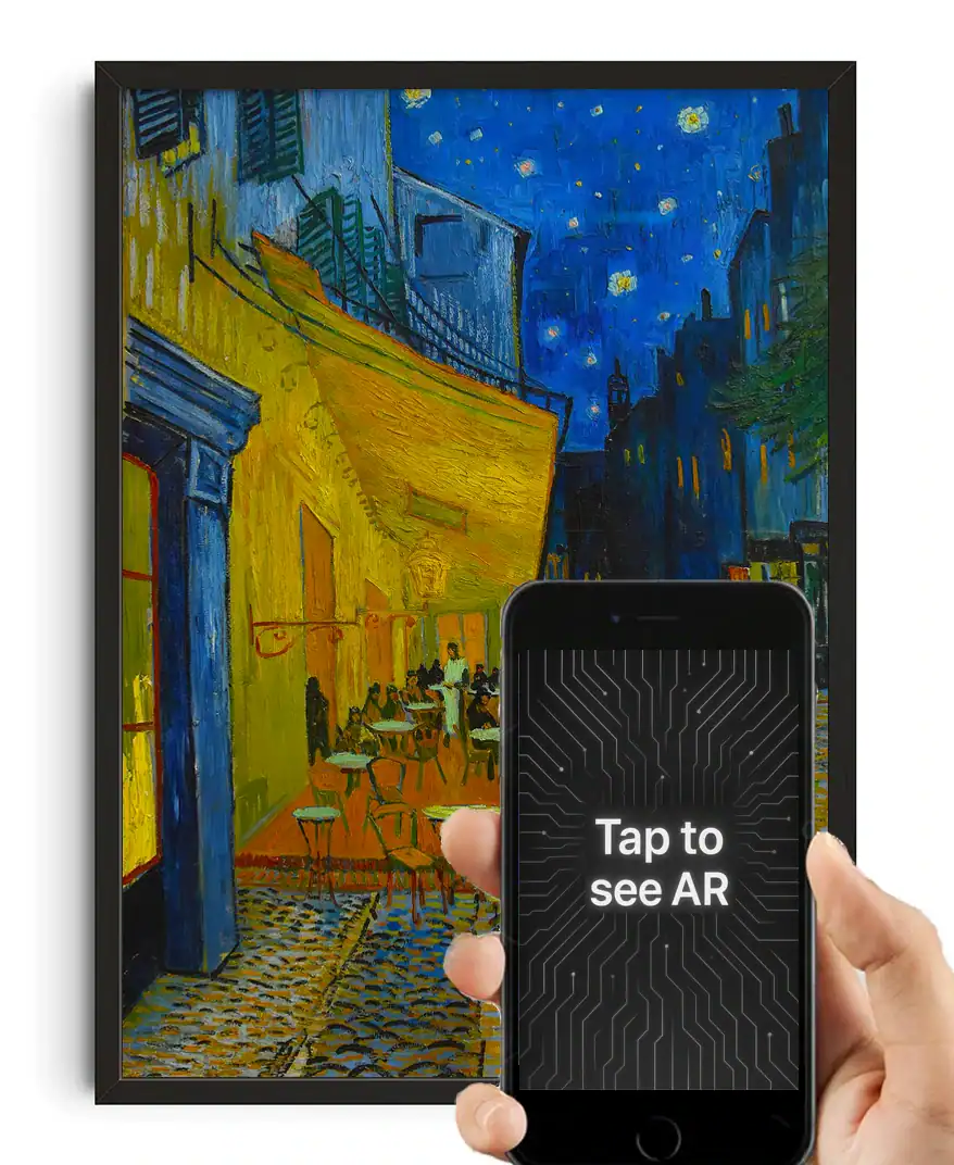 A vibrant painting of a street scene at night with outdoor seating, colorful buildings, and a starry sky, demonstrating augmented reality interaction with a smartphone.