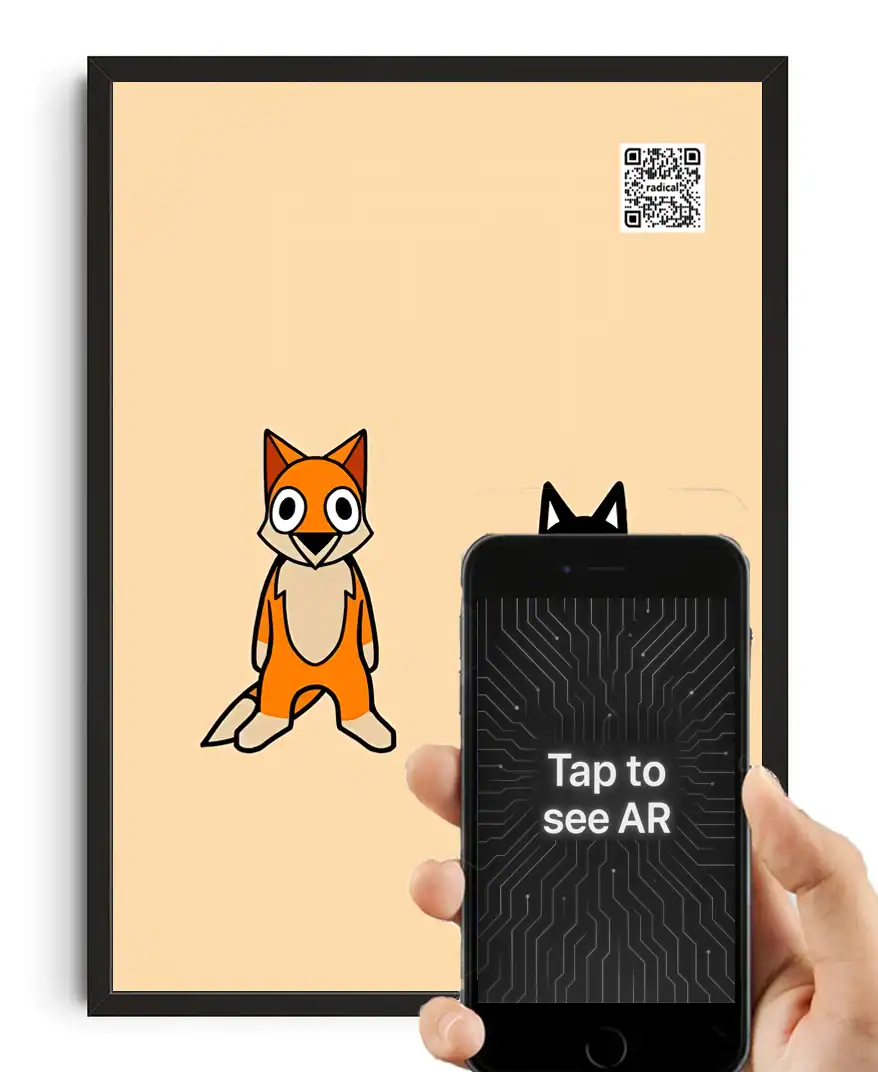 Bright digital display showcases augmented reality tech for interactive cartoon characters from The Radical Store.