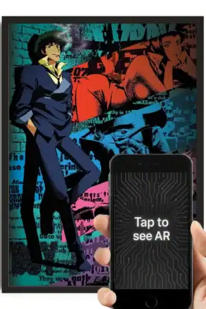 Vibrant street art poster featuring anime-style characters, with an integrated AR experience activated via smartphone scan. Perfect for fans of modern pop culture and augmented reality art displays.