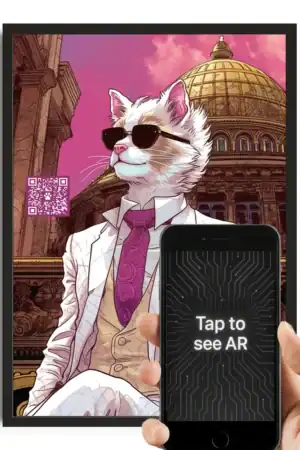 A white cat wearing sunglasses and a suit with a pink tie, sitting in front of a historic building with a golden dome, being scanned with a smartphone for augmented reality experience.