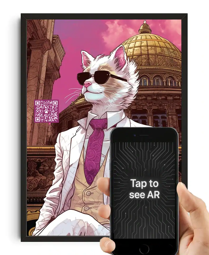 A white cat wearing sunglasses and a suit with a pink tie, sitting in front of a historic building with a golden dome, being scanned with a smartphone for augmented reality experience.