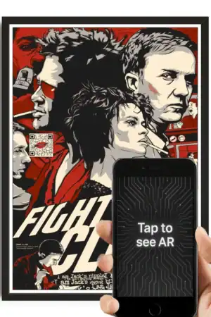 Aesthetic illustration of rebellious characters in a bold, comic style with AR marker and QR code for interactive experience on The Radical Store website.