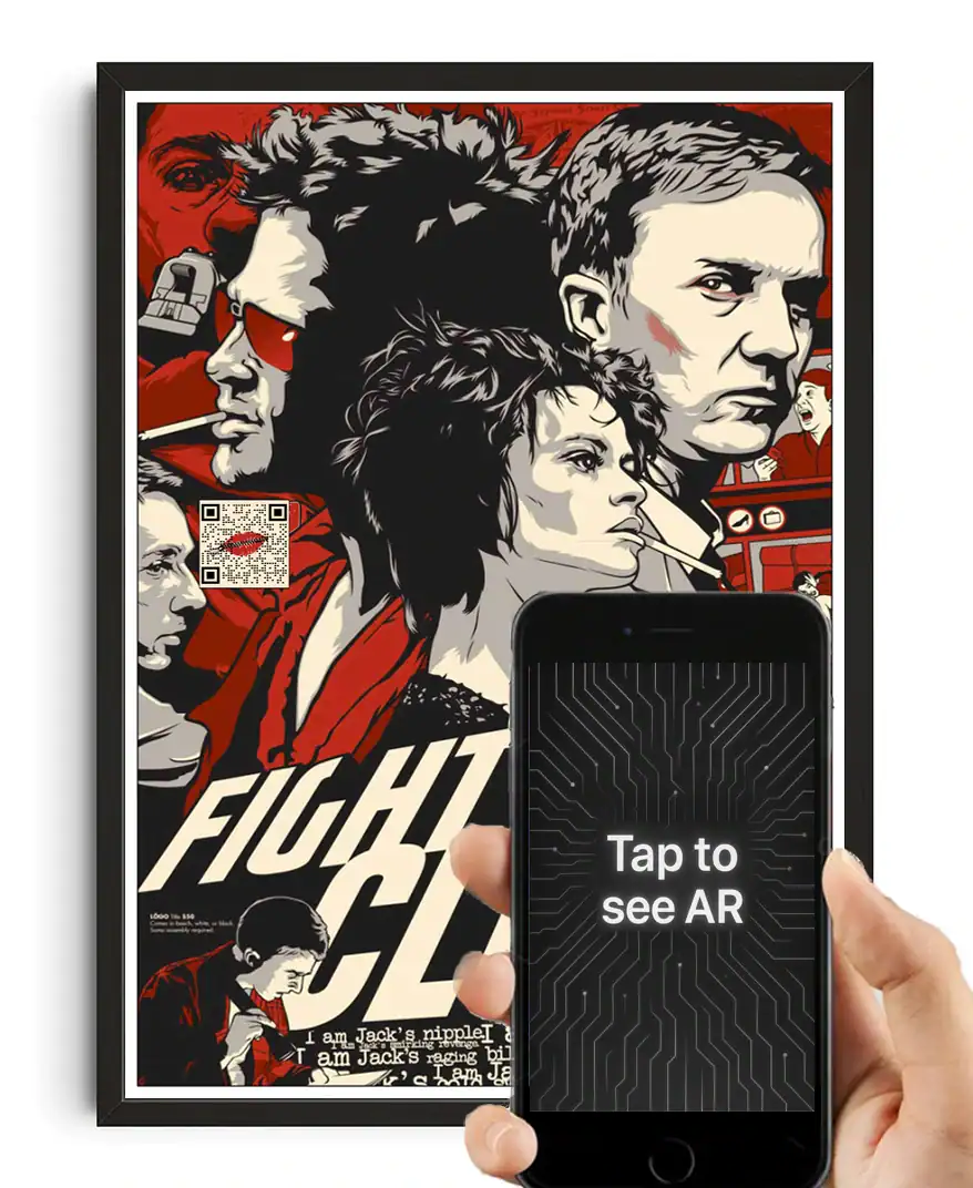 Aesthetic illustration of rebellious characters in a bold, comic style with AR marker and QR code for interactive experience on The Radical Store website.