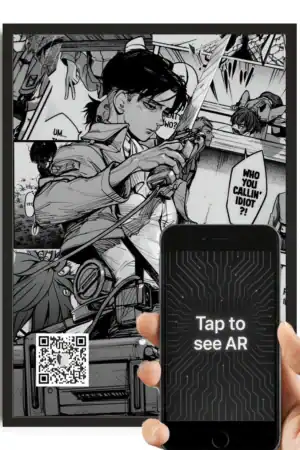 A black-and-white manga-style illustration featuring a young warrior with a sword, surrounded by other characters and dynamic action scenes, with a QR code and a smartphone overlay promoting augmented reality experiences.