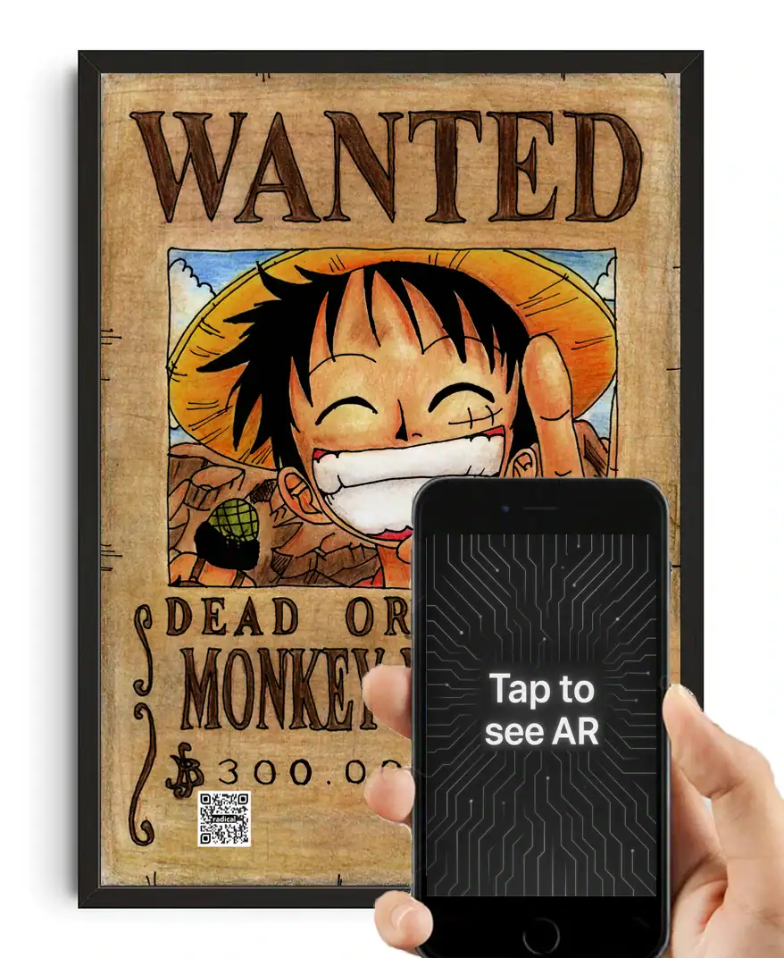Colorful "Wanted Dead or Monkey" poster with a cartoon monkey character and QR code, displayed behind a smartphone with "Tap to see AR" text, illustrating augmented reality features of The Radical Store.