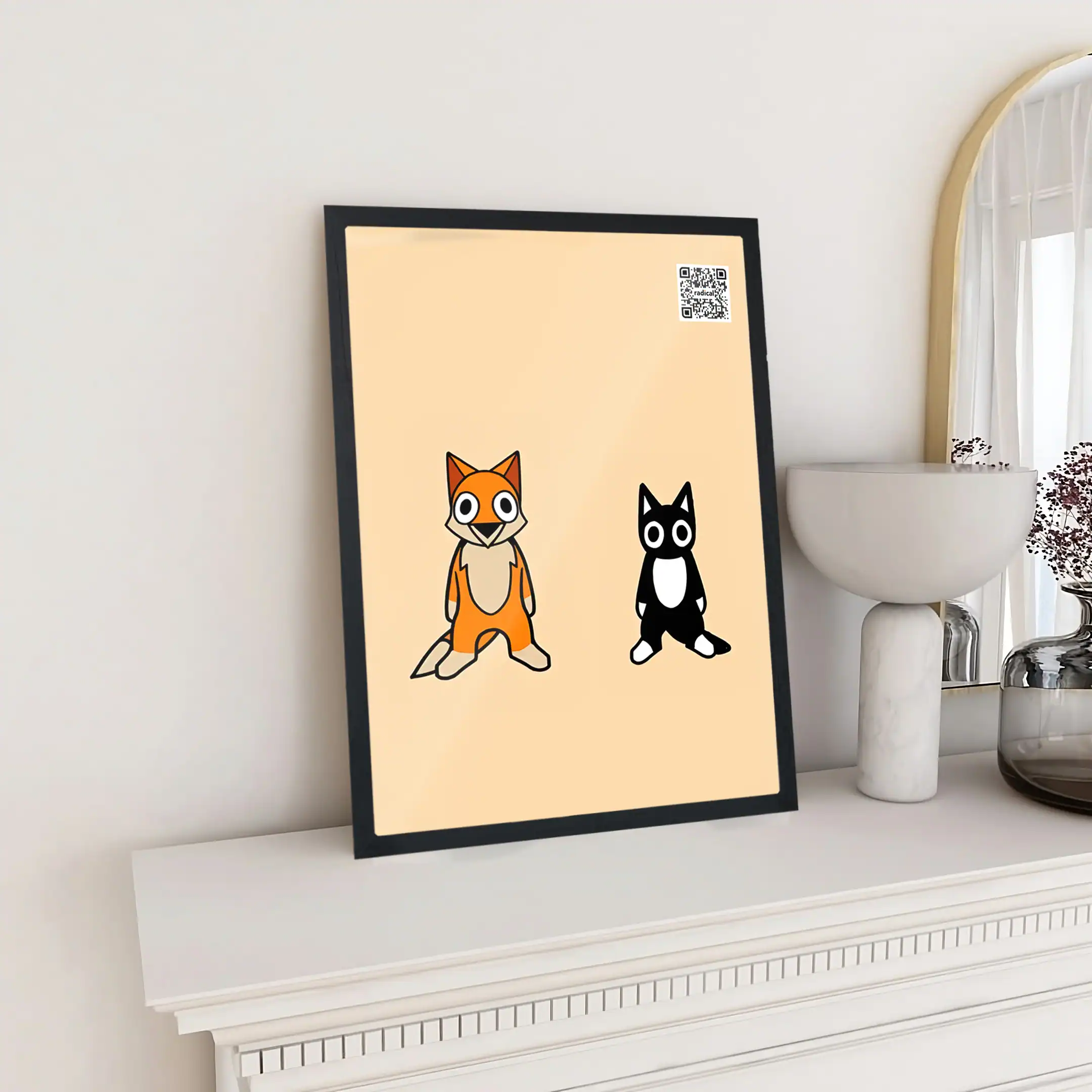 Unique cartoon animal art print featuring a fox and a rabbit with QR code, perfect for modern home decor, available at The Radical Store for animal lovers and art enthusiasts.