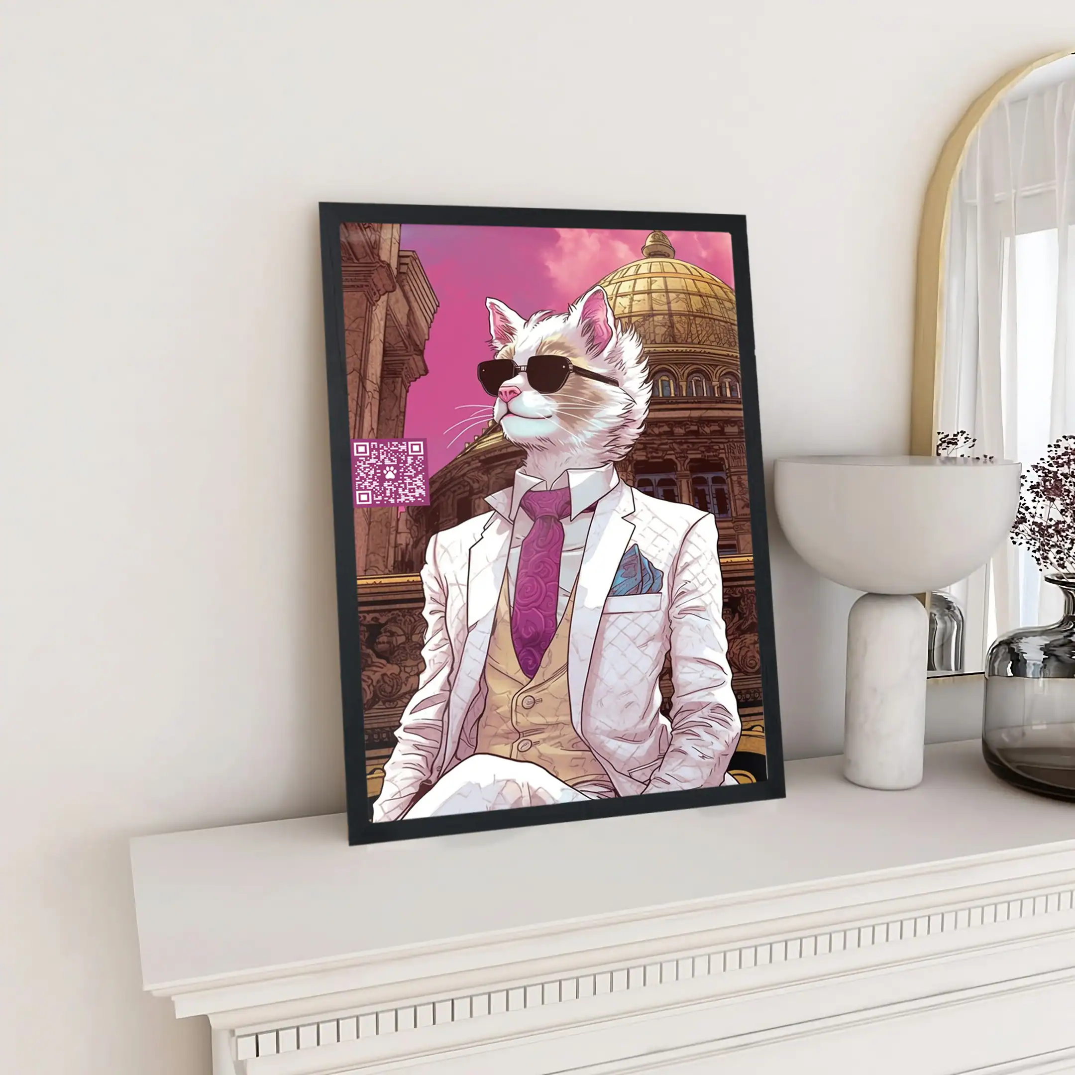 Stylish anthropomorphic cat art print featuring a cool feline in a suit with sunglasses, set against an ornate building background, perfect for modern home decor.