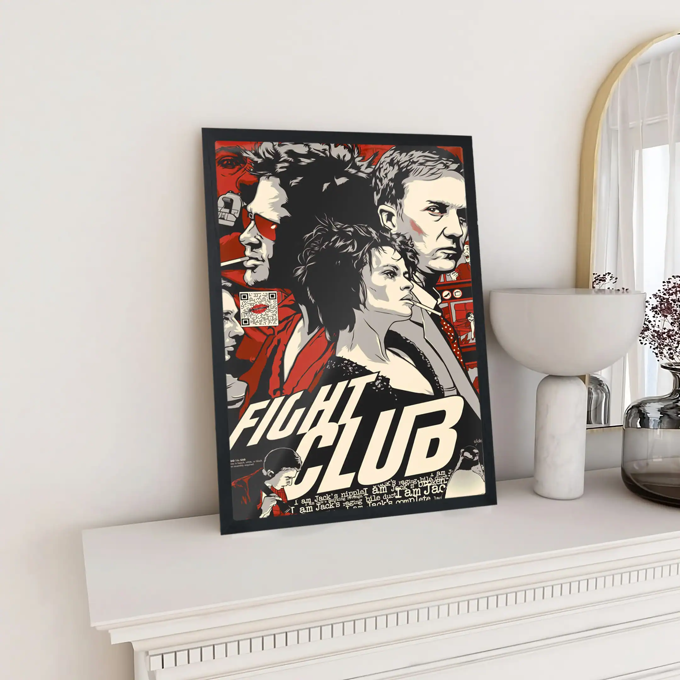Vivid Fight Club movie poster featuring iconic characters, modern art style, black, red, and white color scheme, framed and displayed on a white wall, perfect for film enthusiasts and home decor.