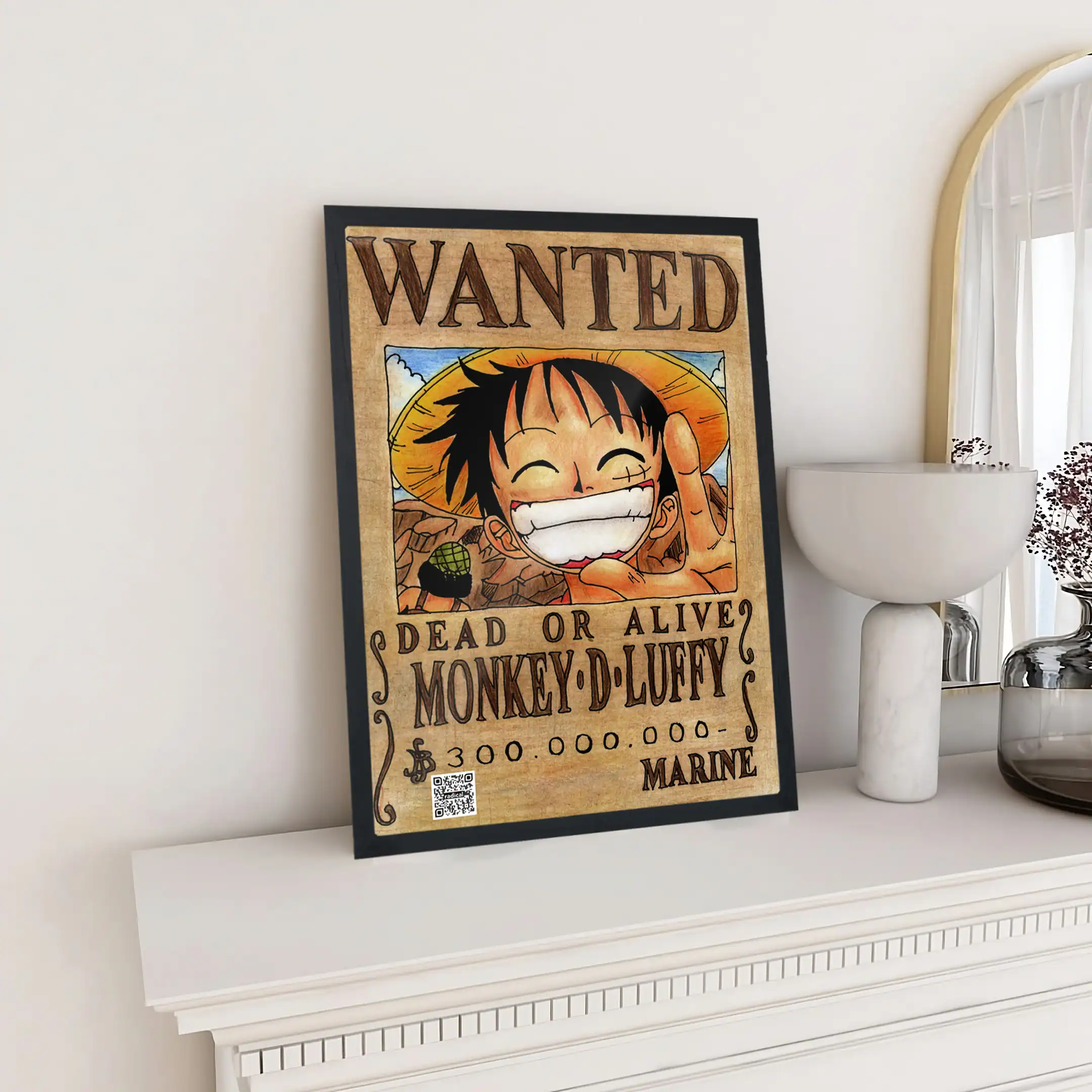 Vibrant "Wanted" poster featuring Monkey D. Luffy from One Piece, styled as a vintage bounty notice with a QR code, ideal for anime fans and collectors of One Piece merchandise.