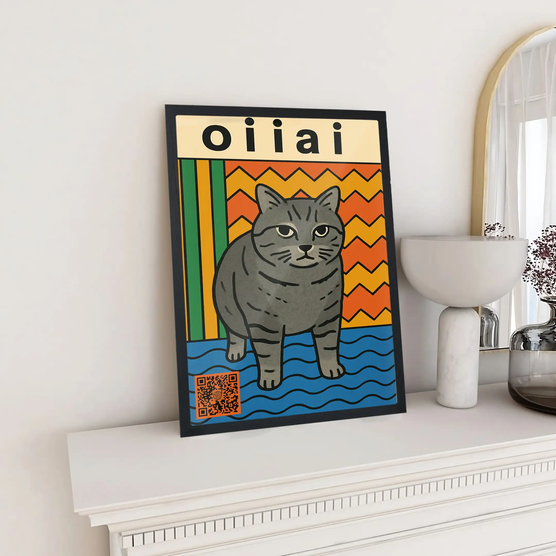 Bright pop art style cat poster with vibrant colors and bold lines, perfect for modern home decor, available at The Radical Store.
