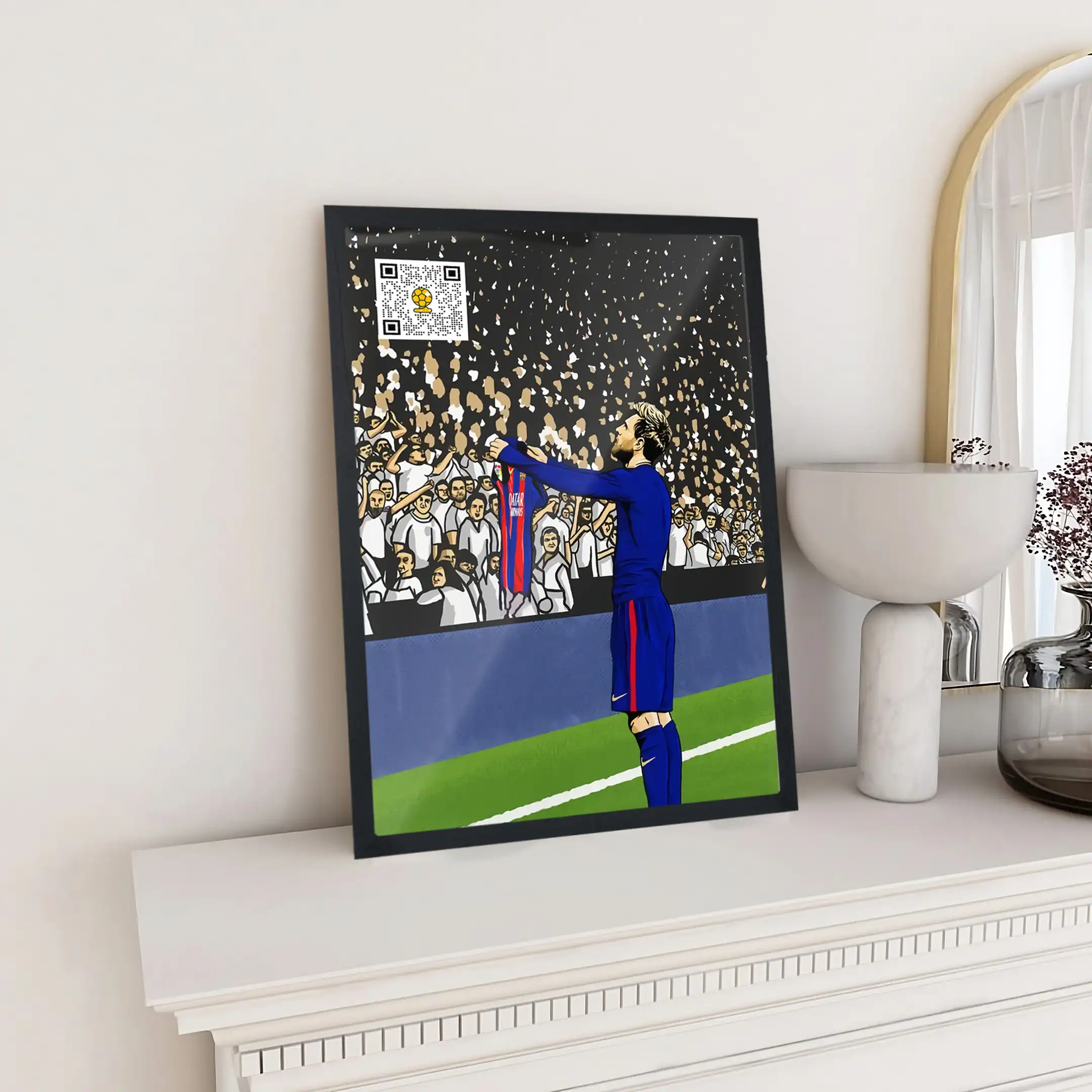 An illustrated portrait of a football player presenting a jersey to a cheering crowd at a stadium, emphasizing sports fan merchandise and athlete memorabilia from The Radical Store.