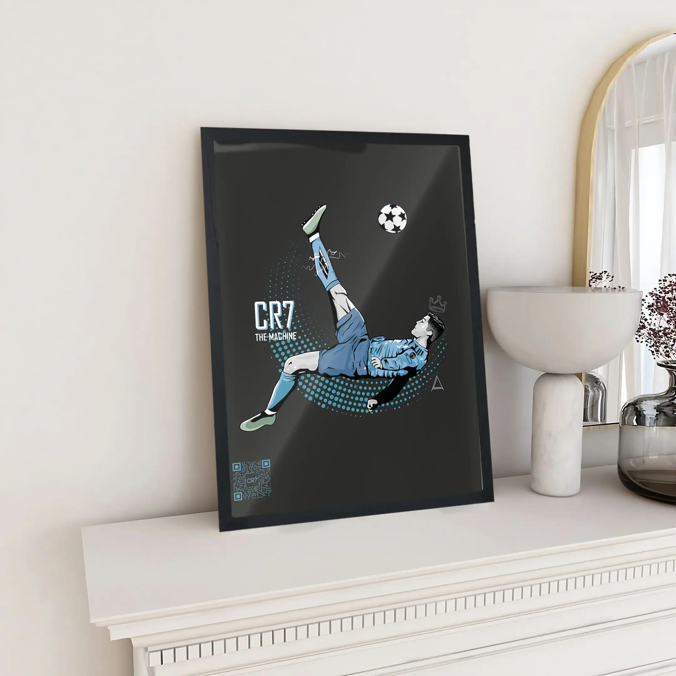 Dynamic soccer player illustration featuring CR7 The Machine artwork, perfect for sports fans and football enthusiasts, ideal for home decor or football memorabilia displays.