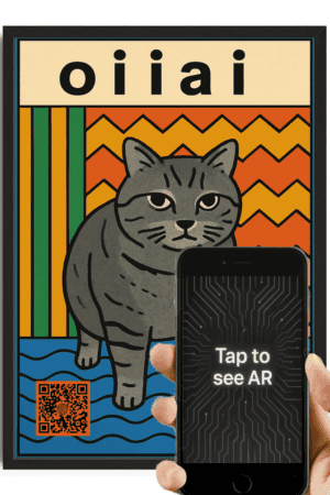 Cute cartoon cat augmented reality poster with QR code for interactive AR experience, perfect for cat lovers and digital art enthusiasts.