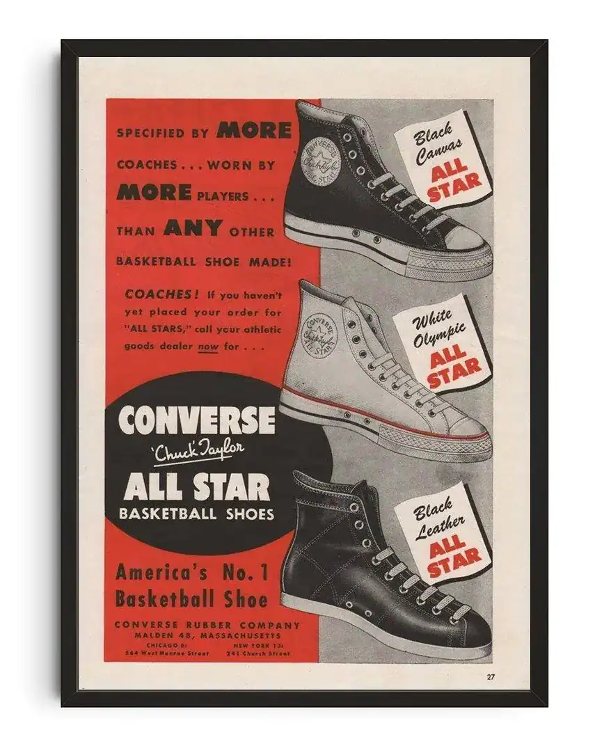 VINTAGE CONVERSE All Star basketball shoes advertisement featuring black canvas, white Olympic, and black leather sneakers, emphasizing durability and style for athletes and sneaker enthusiasts.