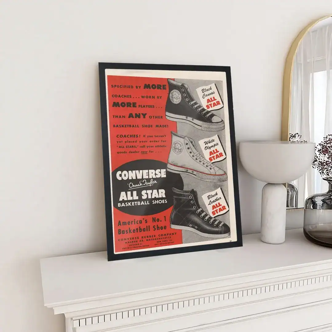 Stylish framed Converse All Star basketball shoe poster featuring classic black and white high-top sneakers, perfect for sports enthusiasts and sneaker collectors.