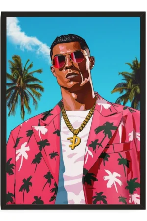 Vibrant digital artwork of a man wearing sunglasses, a pink tropical blazer with palm tree patterns, and a gold chain with a 'P' pendant, set against a bright blue sky with palm trees.