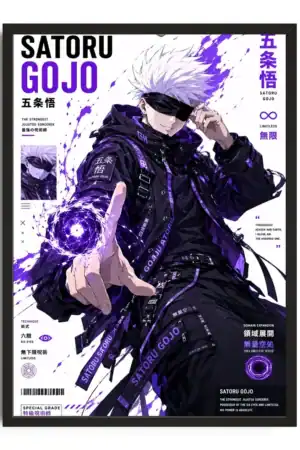 Anime poster of Satoru Gojo from Jujutsu Kaisen with purple and black design elements, showcasing his powerful character and unique style.