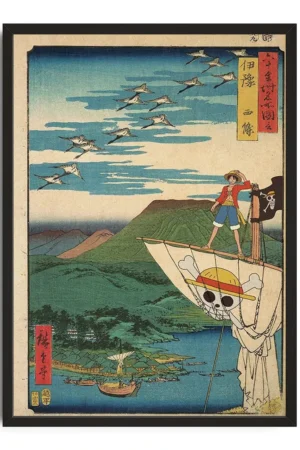 Traditional Japanese ukiyo-e style artwork featuring a person on a boat with a skull design, flying birds, and scenic landscape.