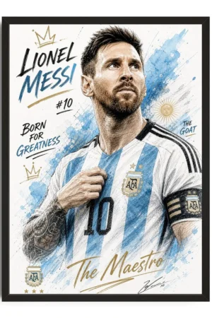 Official Lionel Messi poster featuring the Argentine football star in his national team jersey, highlighting his iconic number 10 and greatness in football.